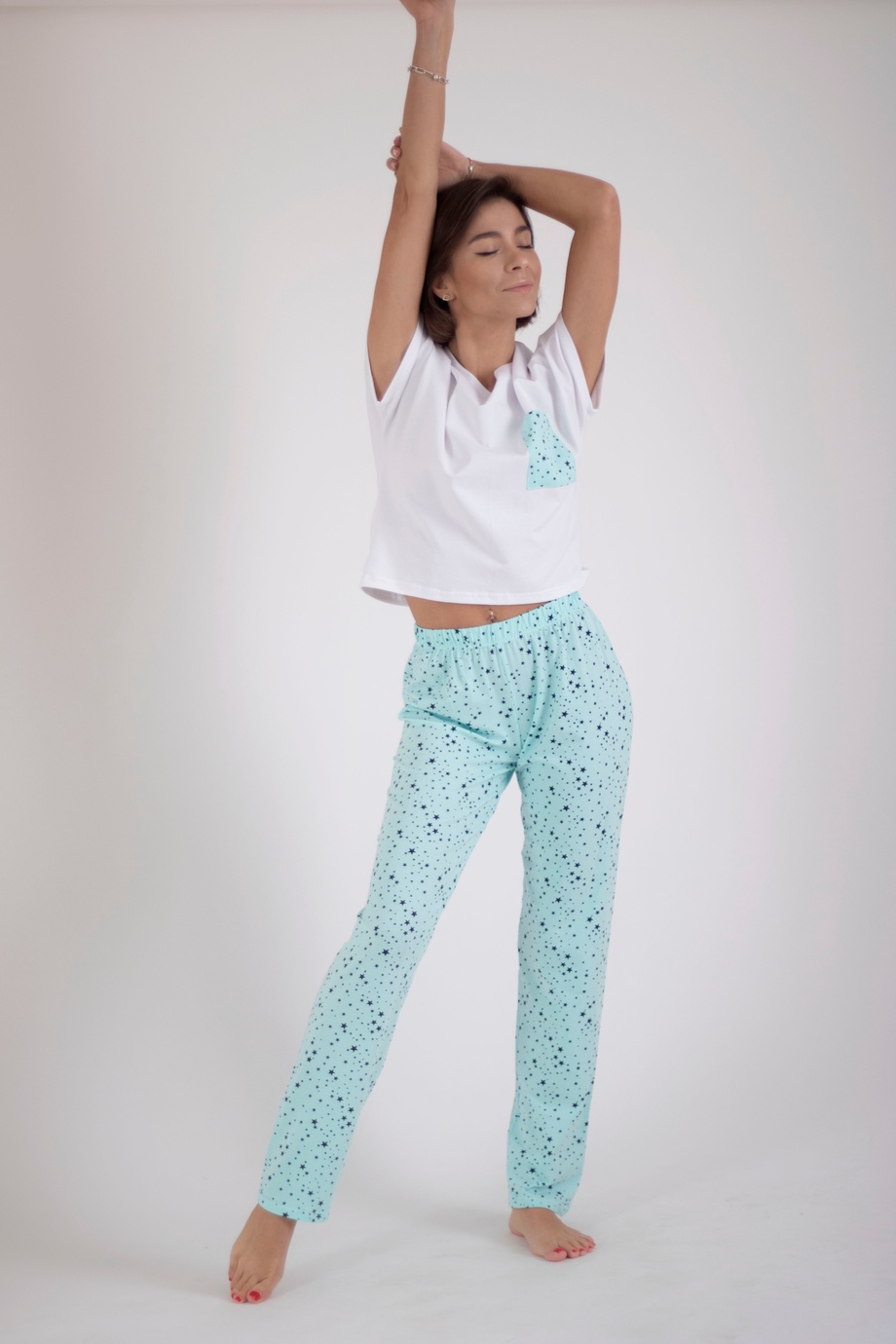 Пижама Трио, Звездочки на мятном, xS/S, Со штанами, штаны и футболка